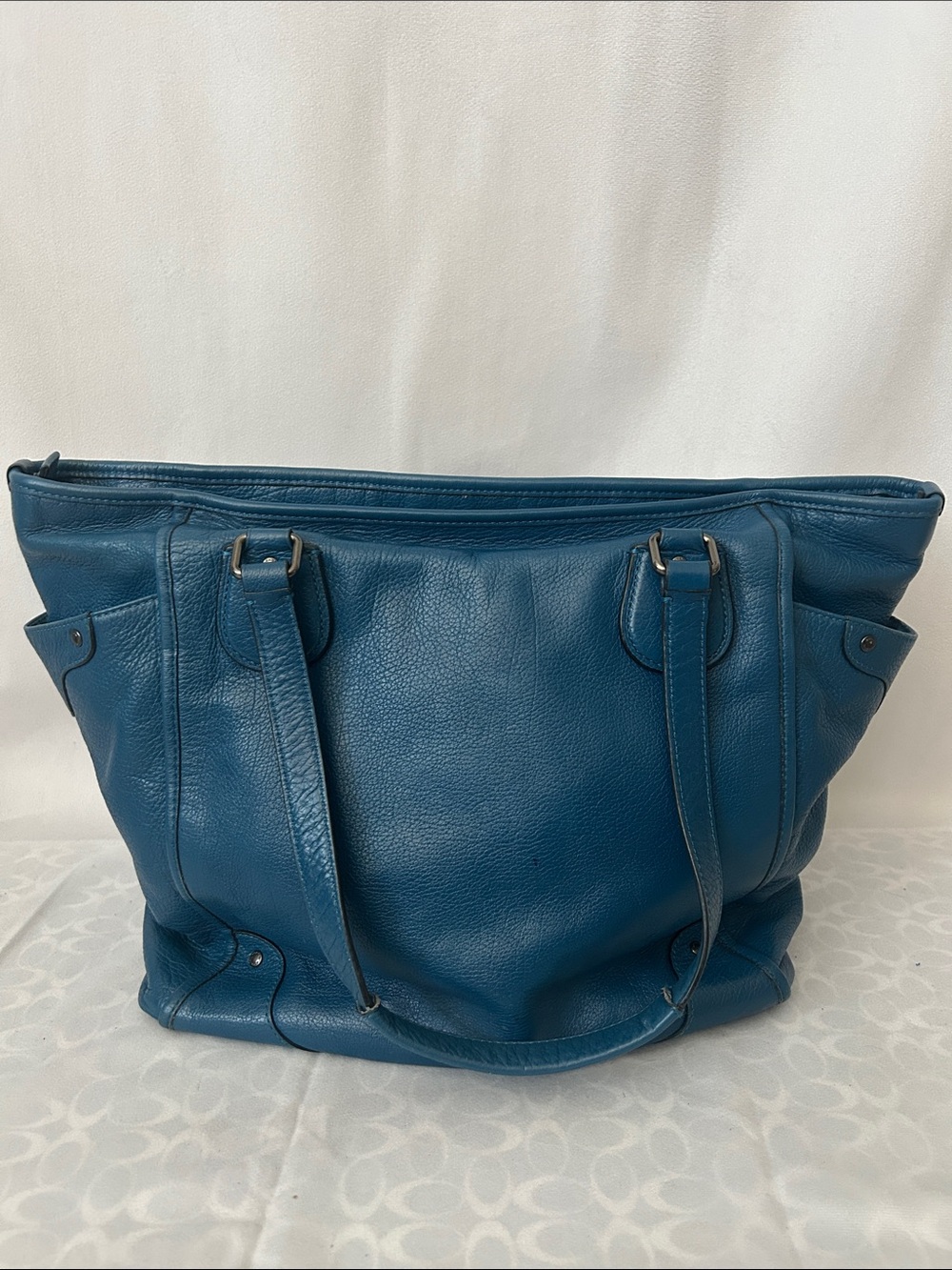 Coach Deep Blue Large Mickie Grain Leather Handbag Tote Purse 🌸🌸 - Picture 2 of 16